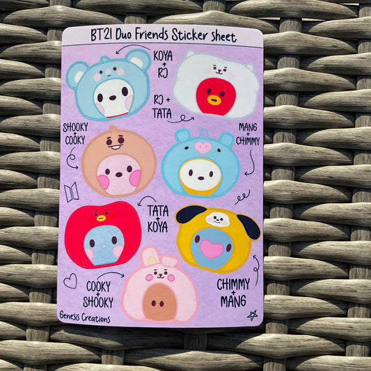 Kpop Duo Friends sticker sheets (BT21, Aniteez, Skzoo, Zeroni)