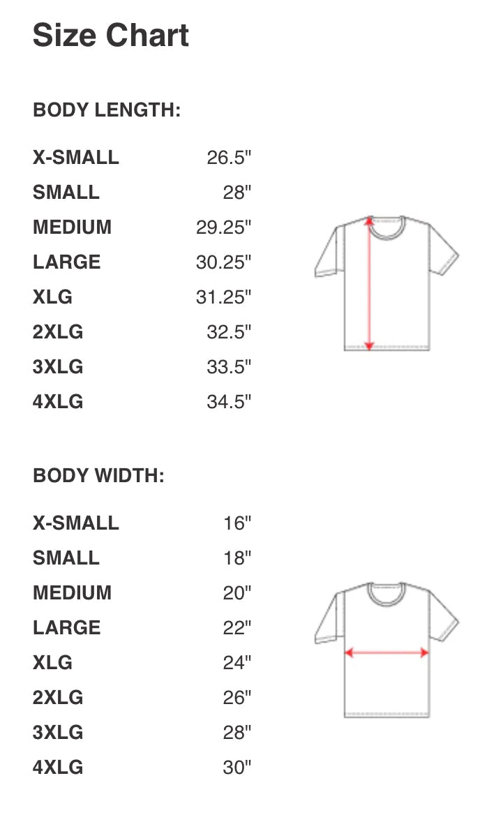 A size chart graphic showing body length and body width measurements for various shirt sizes, with simple line drawings of T-shirts and red arrows indicating measurement areas.