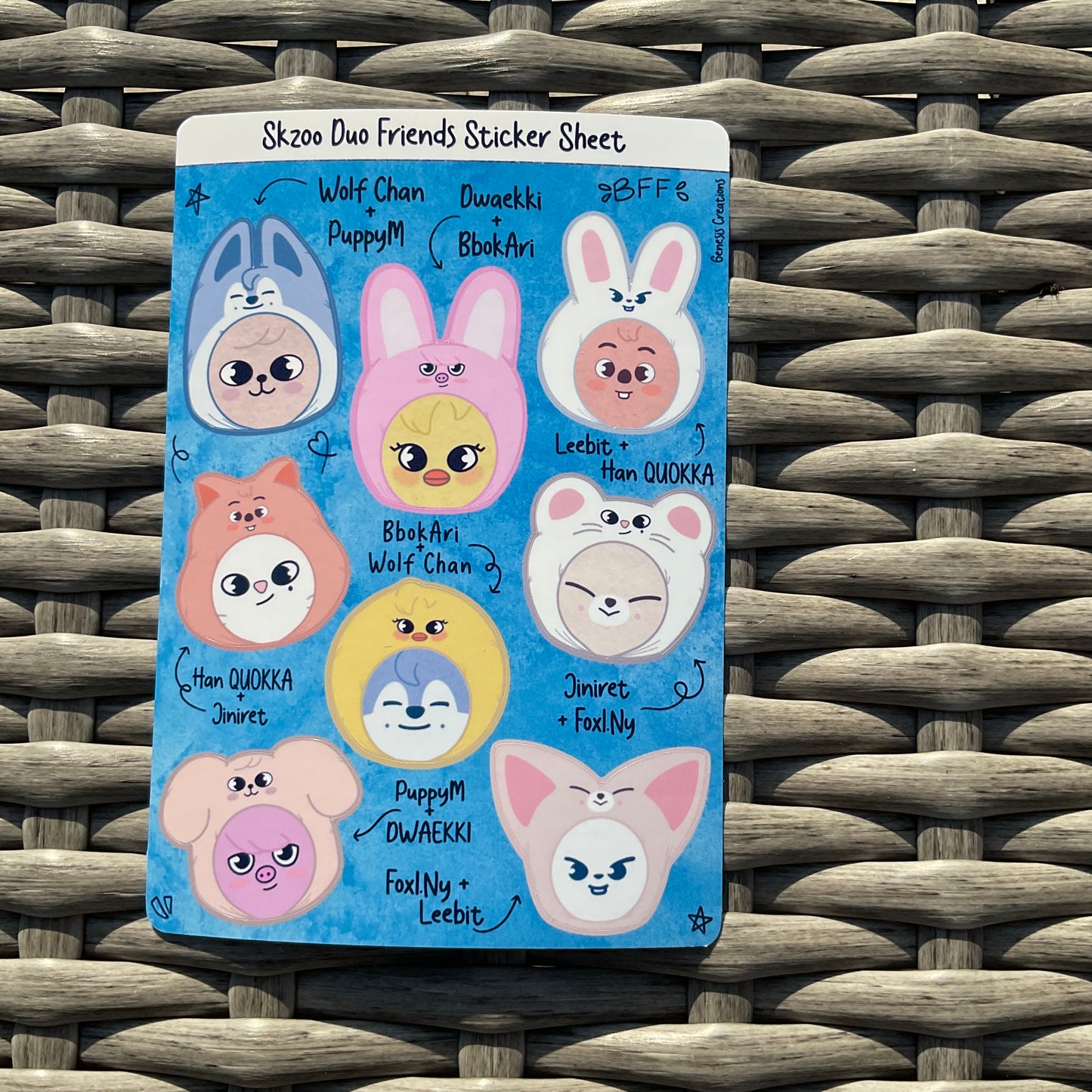 Kpop Duo Friends sticker sheets (BT21, Aniteez, Skzoo, Zeroni)