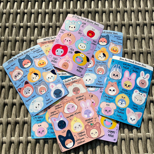 Kpop Duo Friends sticker sheets (BT21, Aniteez, Skzoo, Zeroni)