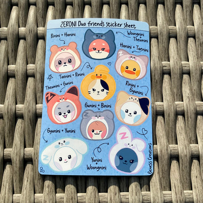 Kpop Duo Friends sticker sheets (BT21, Aniteez, Skzoo, Zeroni)