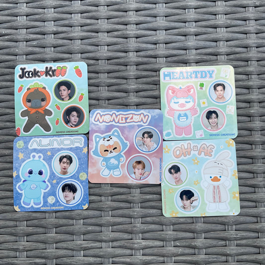 Four colorful custom stickers featuring cartoon characters and circular portrait photos, arranged on a gray woven surface.