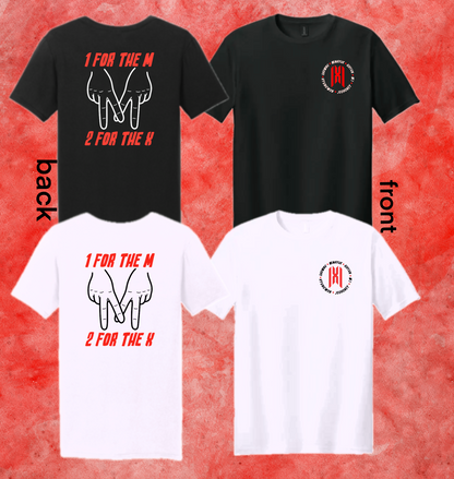 Black and white shirts with 1 for the M, 2 for the X on the back in white and red font. With an X and names on the front with a red background.