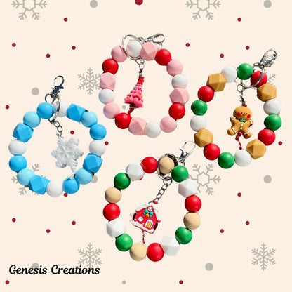 Christmas silicone-beaded Wristlet Keychain