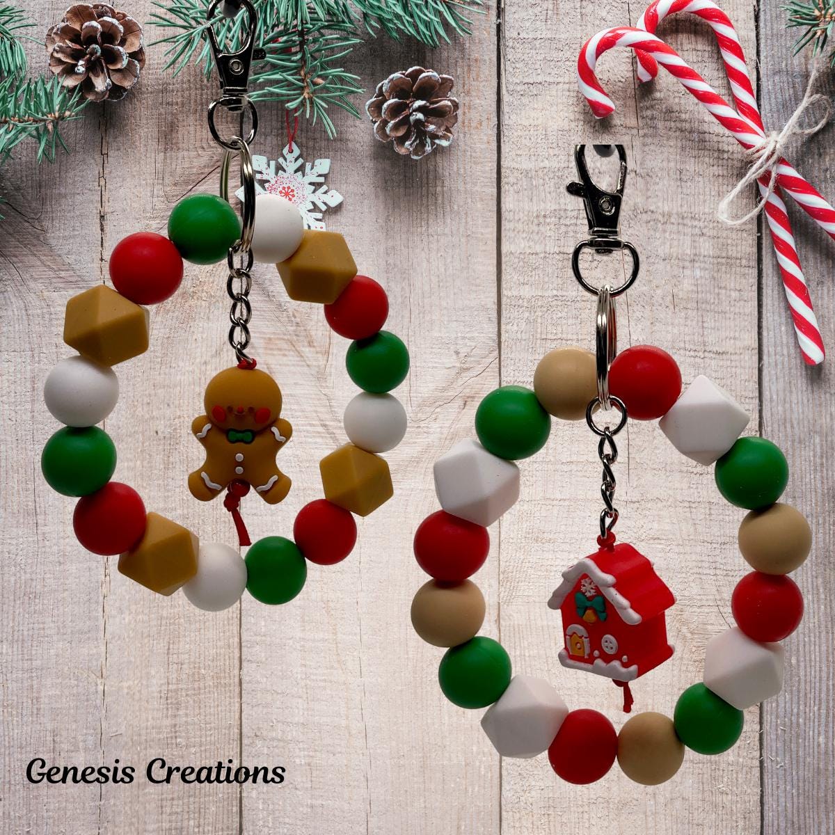Christmas silicone-beaded Wristlet Keychain